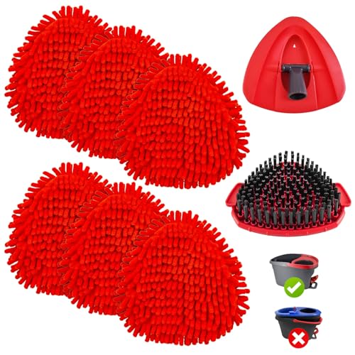 Chenille Duster Mop Head Compatible with O Cedar Easywring 1-Tank Spin Mops Heads Replacements for Ocedar Include 6 Pack Microfiber Chenille MOp Refills 1 Scrubber & 1 Mops Base(Not Include Bucket)