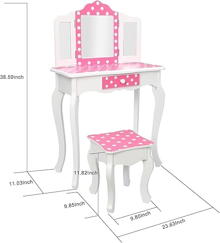 Miniatura 5 de LEZASTAR Juego de tocador para niños con espejo de 4 a 9 años con cajones, juego de tocador para niñas pequeñas con espejo y taburete para