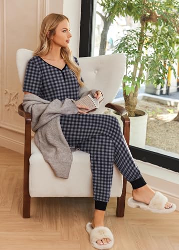 Image of Ekouaer Pajamas for Women Set 2 Piece Fall Lounge Sets Short Sleeve Pjs Joggers Long Pants Sleepwear with Pockets