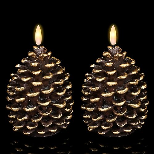 Image of Wondise Flameless Candles with Timer, Battery Operated Flickering 3D Wick Real Wax Pine Cone Candles for Christmas Indoor Decoration, Set of 2, Brown(D3.5 x H6 Inch)