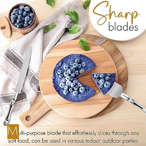Cake Knife and Server Set, Cake Cutter and Pie Spatula, Cake Server and Knife Set with Acrylic Crystal Handles, Cake Cutting Set for Wedding Cake – 1.2mm Thick Blades, Birthdays, and Parties (Silver)