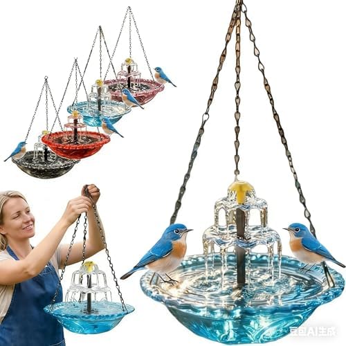 Solar Cascade Hanging Bird Bath Fountain,Outdoor Hanging Bird Bath with Solars Pump & Bowl,Attracting Wild Birds and Hummingbirds for Outdoor Garden Backyard Patio Lawn Birdbath Accessories (Blue)