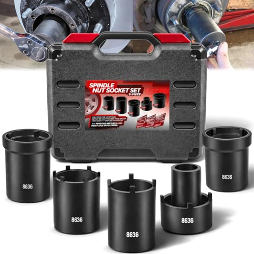 Spindle Nut Socket Tool Kit, 5Pcs Axle Hub Lock Nut Socket Set 1/2” Drive for Ford Dana 44/50/60, F250, F350, Chevy, GM, w/Storage Case, 648636 Lug Out Spindle Sockets Remover Installer Set