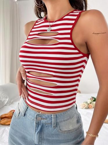 Image of LovelyWholesale Women Sexy Cut Out Crop Tank Tops Crew Neck Summer Sleeveless Top