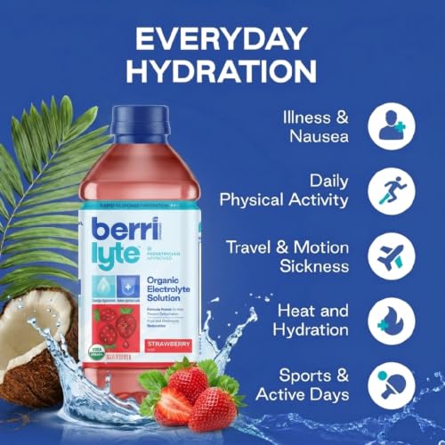 Image of Berri Lyte Organic Electrolyte Drink - 3 Flavors (Acai Berry, Strawberry, Cherry) - Plant-Based Hydration with Coconut Water, Natural Electrolytes, USDA Organic for Kids & Adults, 1 L, 6-Count