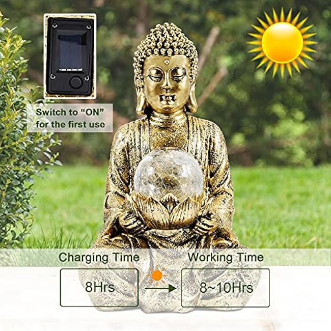 Nacome Meditating Buddha Statue with Solar Light,Zen Solar Garden Buddha with Cracked Glass Ball Sculpture-Indoor/Outdoor Decor for Balcony,Garden,Patio,Porch Yard Art Ornament,10.5 inch(Gold)