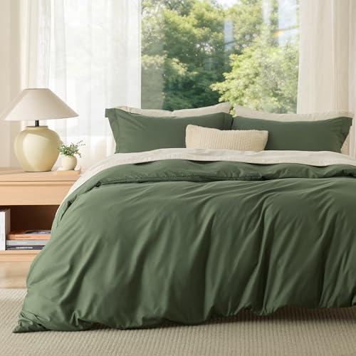 Image of Bedsure Duvet Cover Oversized King Size - Soft Double Brushed Bedding Set for Kids & Adults, Zipper Closure, 3 Pieces, Includes 1 Duvet Cover (120 inchx98 inch) & 2 Pillow Shams, NO Comforter, Olive Green