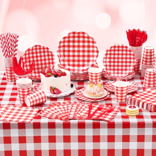 Image of Funnymoom 452 Pcs Red Gingham Party Supplies for 50, Red and White Gingham Checkered Paper Plates Napkins Cups Tablecloth Cutlery Straws for Birthday Family Picnic Camping Barbecue Party Decoration