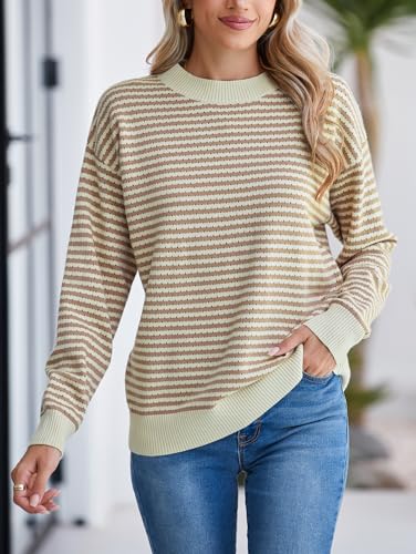 Image of Famulily Womens Striped Color Block Hollow Out Knitted Sweater Long Sleeve Crew Neck Pullover Tops
