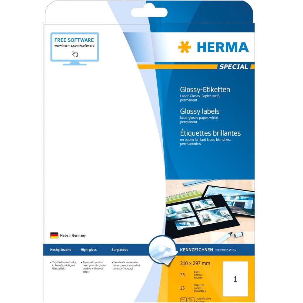 HERMA Self Adhesive High Gloss Labels, 1 Label per A4 Sheet, 25 Sheets, 210 x 297 mm, 25 Labels, Blank Photo Quality Labels Stickers, Sticky Labels for Laser Printer, White