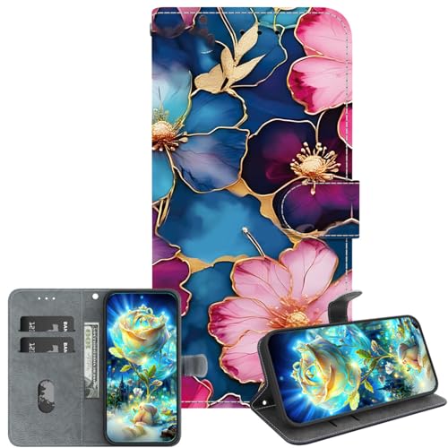JZ PU Leather Caso per Samsung Galaxy S22 Wallet Cover,Modello dipinto di tessura di cristallo fatta a mano con Kickstand & Card Holder- Blue Gold Flowers