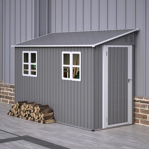 Image of YOPTO 4x10 FT Lean to Outdoor Storage Shed with Floor Kit,Metal Shed W /Left /Right Optional Lockable Door & 2 Windows,Garden Tool Storage House W /Air Vents & Sloping Roof,for Backyard,Patio,Gray