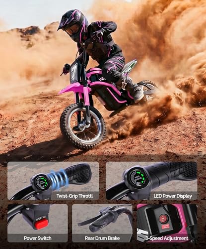 Image of ELEMARA Electric Dirt Bike,350W Motorcycle 24V Ride on Toy for Big Kids w /LED Power Display,15.5 mph & 150lb Max,3 Speeds,Chain-Driven Motor,Twist-Grip Throttle & Brake Lever,12 inch Air-Filled Tires-Pink