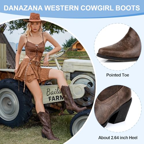 Wide Calf Cowgirl Boots Women's Pointed Toe Embroidered Cowboy Boots Lady Half Zip Mid Calf Block Heel Retro Country Boot Western Booties Size 6-113