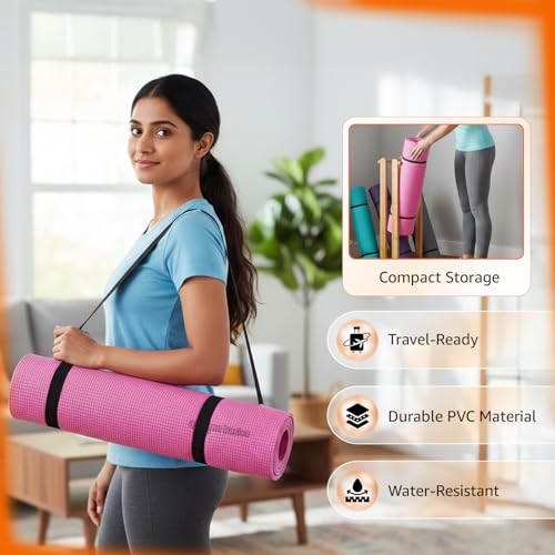 Image of Amazon Basics PVC Yoga & Exercise Mat with Carrying Strap | 6 mm Thick | Non-Slip Textured Surface | Lightweight & Durable | Floor Protection | Ideal for Yoga, Pilates & Workouts | Pink