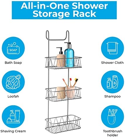 Blue Canyon - 3 Tier Over Shower Screen Caddy - Grey Colour - Plastic Coated Durable Steel - No Rust - Hanging Bathroom Organiser - Storage Rack for Bathroom, Toilet - BA0493