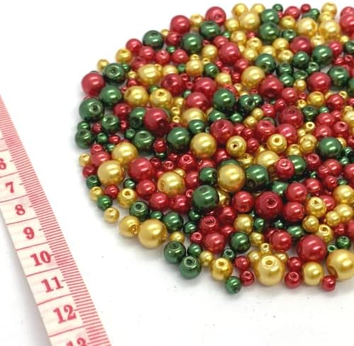 Merry Christmas Glass Pearl Beads 410 Pieces Mix of 4mm, 6mm and 8mm Pearl Beads in Red, Green and Gold Colours for Jewellery Making and Arts and Crafts