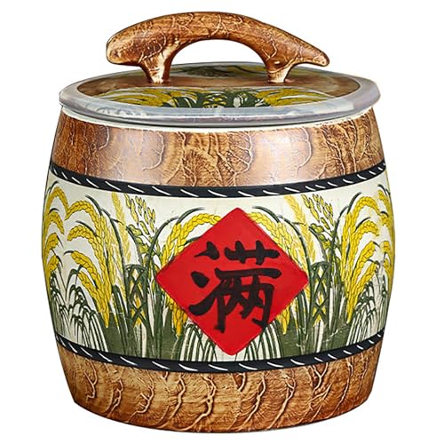 JS Space Chinese Style Ceramic Rice Storage Container, Handcrafted Round Grain Dispenser with Lid, Kitchen Pantry Jar for Rice, Flour, Coffee & Dry Food 10kg