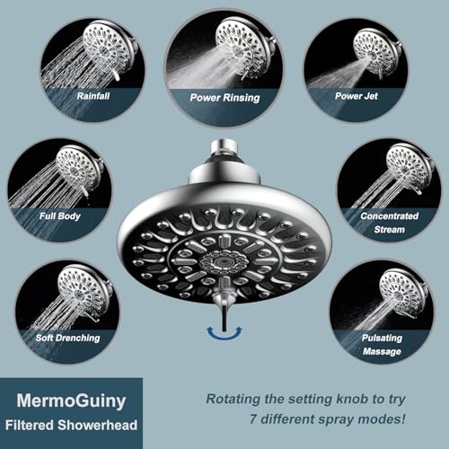 MermoGuiny Filtered Shower Head, 7 Settings High Pressure Shower Head with Filter for Removing Chlorine and Heavy Metals, 7 Inches Fixed Shower Head Chrome with Solid Brass Ball Joint