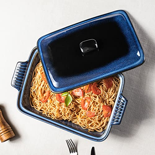 Ceramic Casserole Dish With Lid, Porcelain Baking Dish With Hadnle, Rectangular Lasagna Pans, Reactive Glaze Bakeware Set For Pasta, Oven, Microwave & Dishwasher Safe (Blue) #TOP4