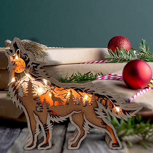 Idotodo Wolf And Mountains Layered Wooden Carved Ornament With Lights, Forest Animal Multi-Layered 3D Decor #TOP4