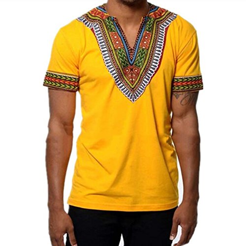 Juleya Herren Kurzarm Casual T-Shirt Afrikanischen Stil Bluse Tops V Veck Gelb L Cover