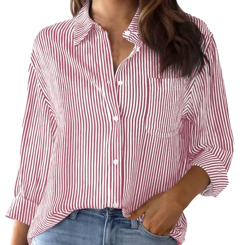Camiseta de rayas para mujer con botones, camiseta de solapa ligera de manga larga, suelta, manga larga, camisas informales, blusas a rayas, camisa transpirable, ropa de calle, blusa, rojo, XL