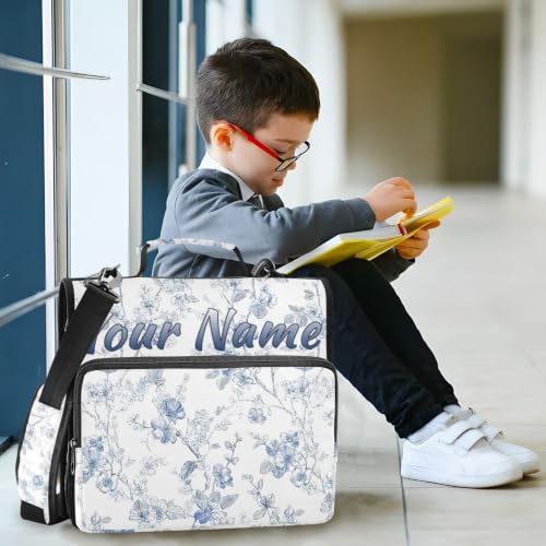 Image of Custom 3 Ring Zipper Binder Blue Flower White Paisley Personalized Name 1.5 Inch Binders Large Capacity Multi Pockets for School Office Supplies