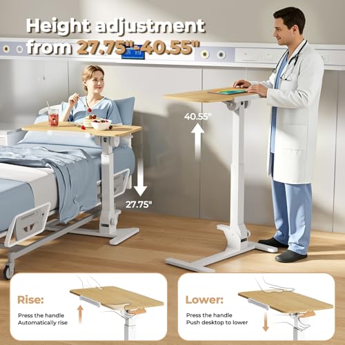 Image of JOY worker Foldable Overbed Bedside Table, 180 Tiltable Mobile Standing Desk with Wheels, 31.5 inch Height Adjustable Rolling Laptop Desk for Home & Hospital Use, Easy Storage, Maple