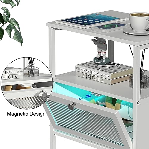 Image of EXOTICA White Nightstand with Charging Station and USB Ports Small End Table with Acrylic Drawer Narrow Sofa Side Table for Bedroom Living Room 15.74 inch Lx 11.8 inch Wx23.42 H