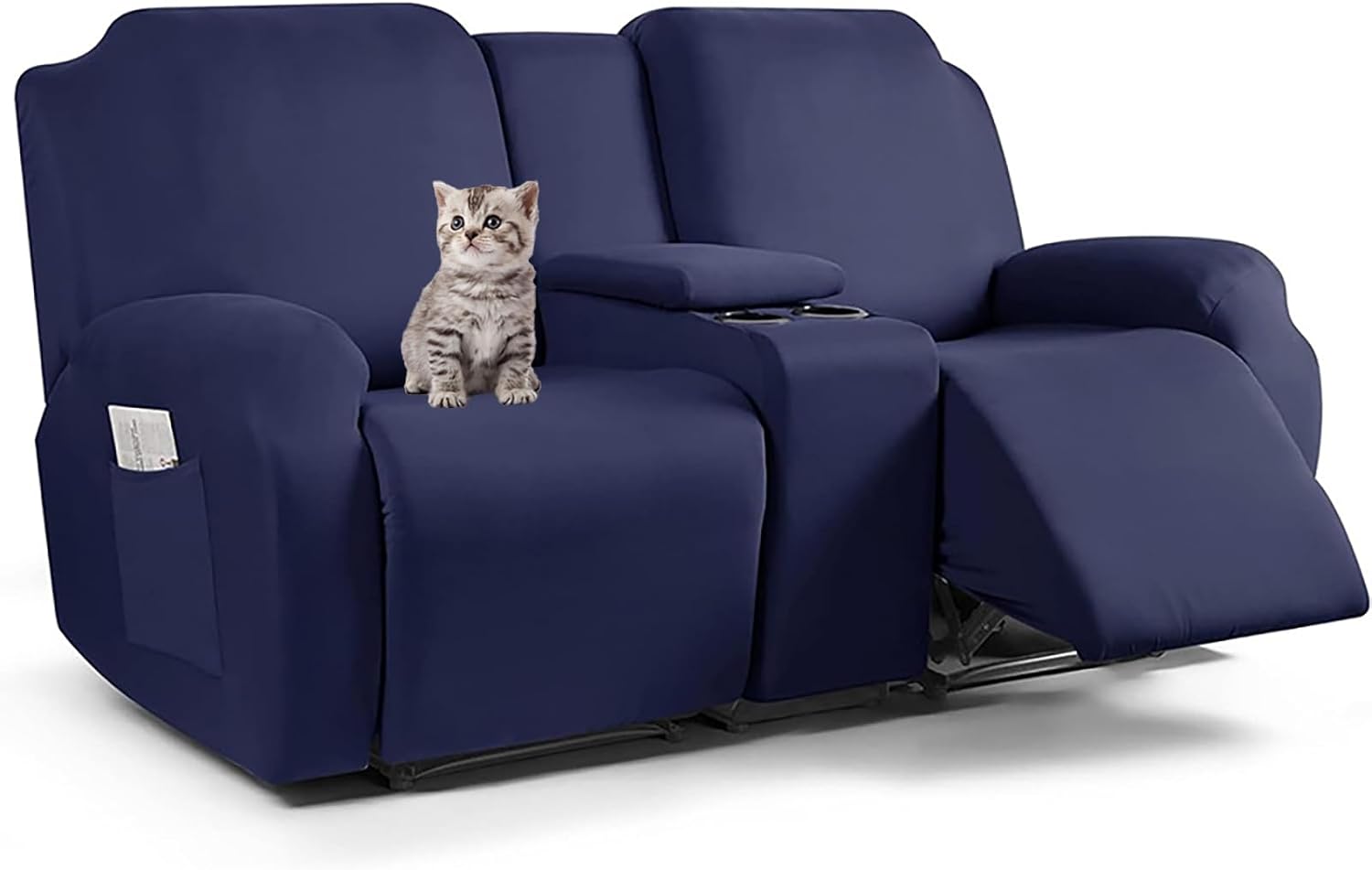 Reclining LoveSeat with Middle Console Slipcover,7Piece Milk Shreds Stretch Recliner Chair Covers/Loveseat Sofa Covers,Thick, Soft, Washable, Navy Blue