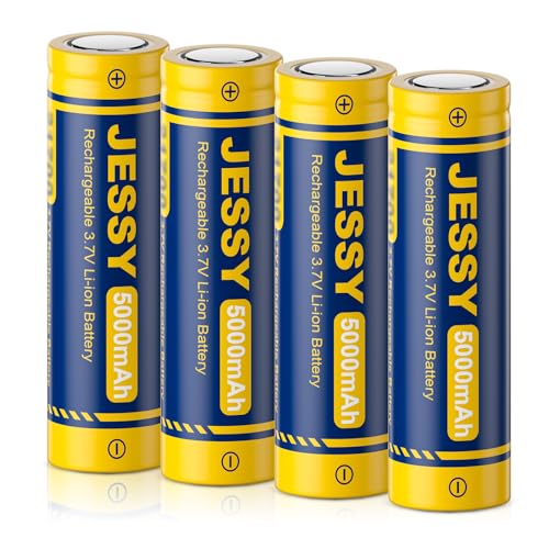 JESSY 3.7 Volt 21700 Rechargeable 5000mAh Battery Flat Top 21700 Batteries for Flashlight Headlamp (4 Pack)