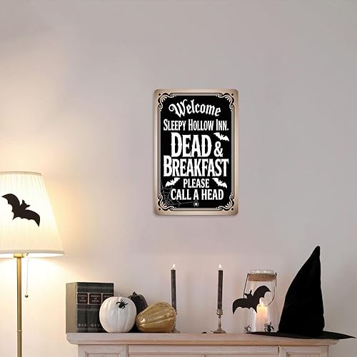 Miniatura 6 de Letrero de metal vintage con texto en inglés Welcome Sleepy Hollow Inn Dead & Breakfast Please Call A Head, 8 x 12 pulgadas, letrero de pared gótico