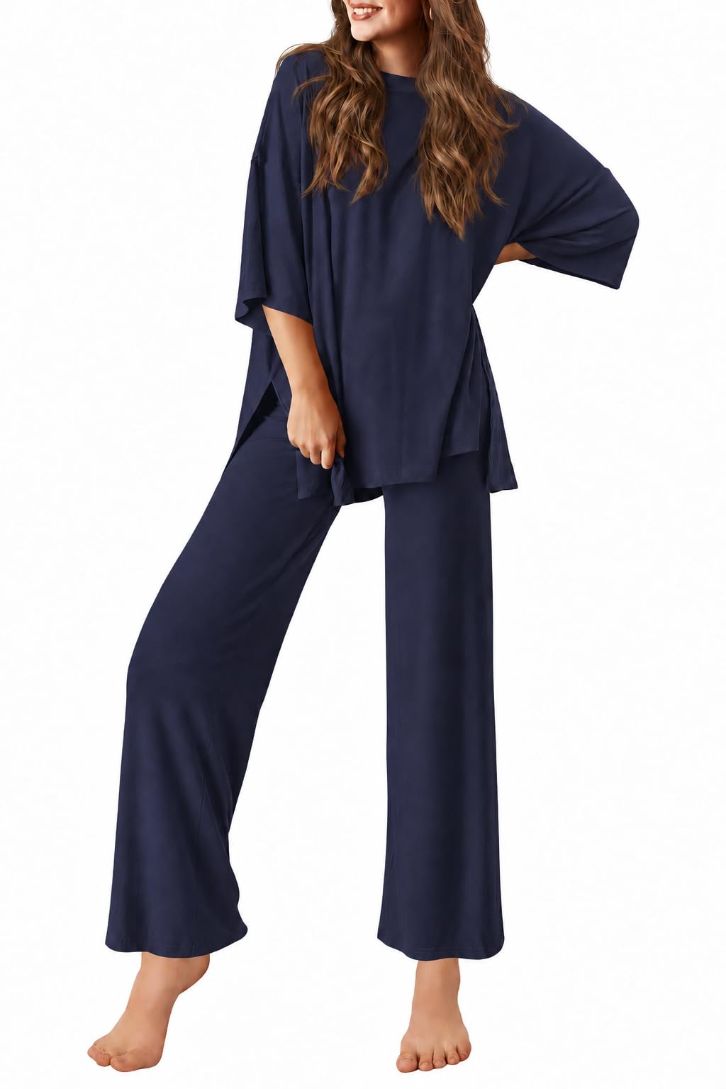 Uniexcosm Pyjama Damen Zweiteiler Hausanzug mit weitem Oberteil und Hose | Loungewear Set Damen mit Rundhalsausschnitt, weiten Ärmeln und locker geschnittener Hose für entspannte Stunden zu Hause.
