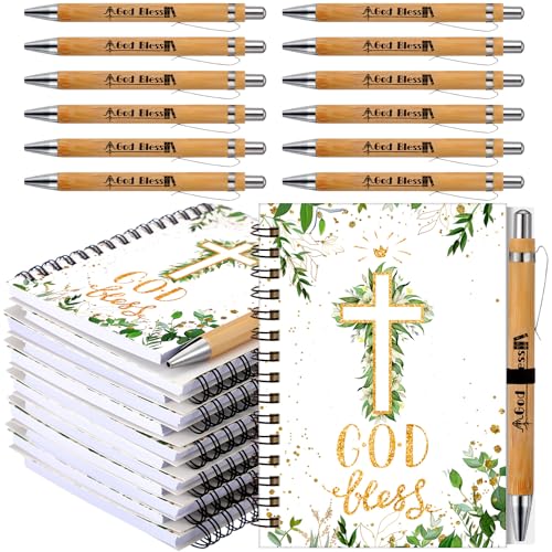 Resurhang 12 Sets 24 Pcs First Communion Notebook Christian Gifts 5.5 x 4.3'' God Bless Spiral Notebook Ballpoint Pens for First Holy Communion Religious Souvenir Baptism Church Accessories