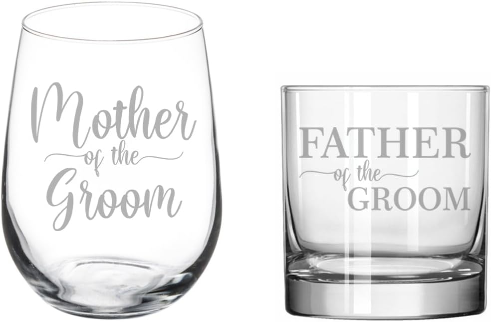 MIP Set of 2 Glasses Stemless WINE & ROCKS Whiskey Gift Mother Of The Groom & Father Of The Groom