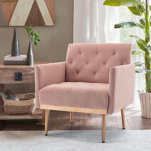 Joybase Velvet Accent Chair, Velvet Armchair, Mid Century Modern Chair With Metal Legs, Tufted Accent Chair, Comfy Reading Chair, Arm Chair For Living Room, Bedroom (Pink) #TOP6