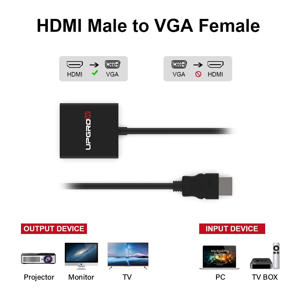 UPGROW Adapter HDMI na VGA - Konwerter HDMI Męski na VGA Żeński do Monitora, Projektora, Telewizora HD, Laptopa, Komputera Stacjonarnego, Xbox i Więcej