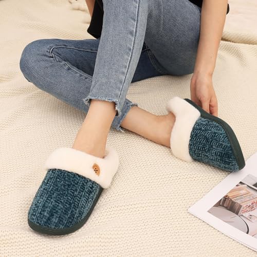 Image of Evshine Warm Knit House Slippers for Women Comfy Wool-Like Lined Chenille Slippers with Memory Foam and Indoor Outdoor Soles