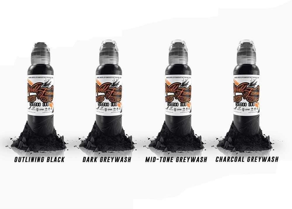 World Famous Grey Tattoo Ink, Vegan and Professional Ink, Made in USA, Lining and Shading Grey Wash (Set of 4), 1 oz