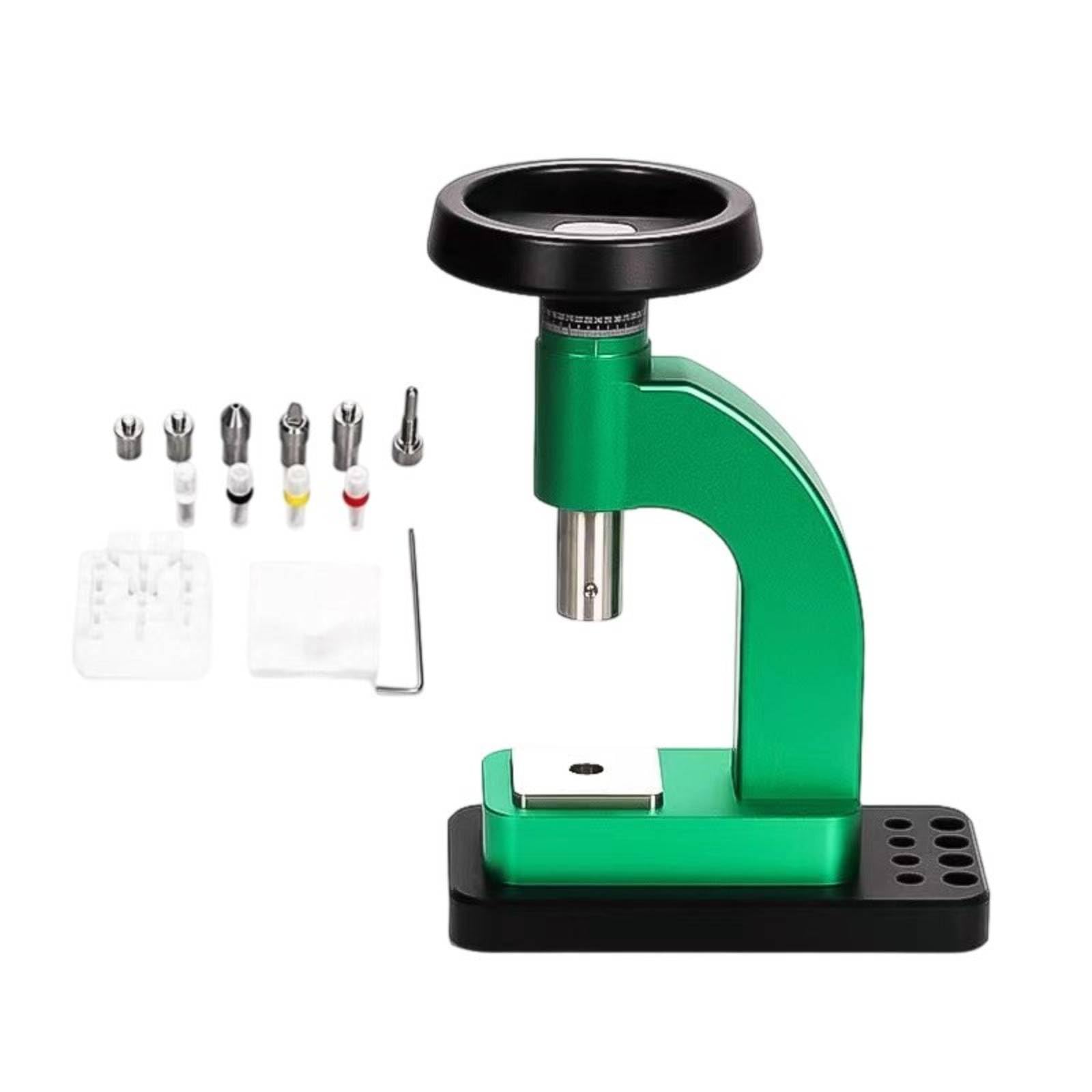 Pressa Riparazione Orologi Pressa Cassa Pressa Vetro Attrezzo Orologiaio Strumento Metallico con Base Stabile E Teste Intercambiabili Adatta per Banco Lavoro Casa Laboratorio, Verde