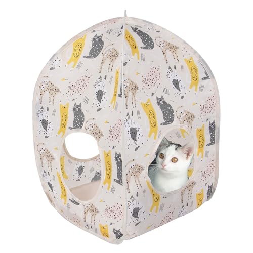 Image of Kitty City Cat Print Pop-Up Cat Play House, Collapsible Indoor Kitten Hideout with Peekaboo Openings, Lightweight Foldable Kitty Cube for Play & Lounging, Pink