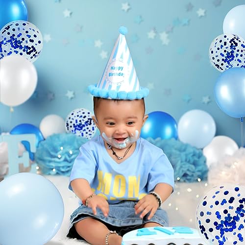 Image of 68Pcs Blue and White Balloons Kit 12 Inch, Blue Confetti Balloons Light Blue Baby Blue Pearl White Party Balloons with Ribbons for Birthday, Wedding, Baby Shower, Graduation Decorations