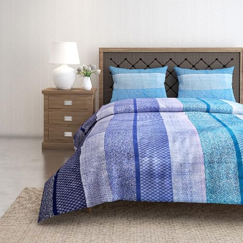Image of Swayam Pure Cotton King Fitted Bedsheet with 2 Pillow Covers | Size 72 x 78 x 10 inch | 160 TC | Striped Design | Soft Breathable Bed Sheet | Comfortable & Durable for Bedroom - Blue