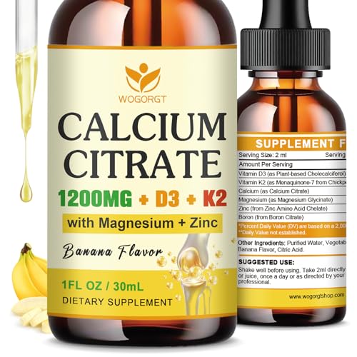 Calcium Citrate 1200mg with Vitamin D3 for Women & Men - Liquid Calcium Citrate Supplement with Magnesium Zinc D3 K2 - Bone Teeth Immune Support - Sugar Free Vegan Banana Flavor - 1 Fl Oz (2 Pack)
