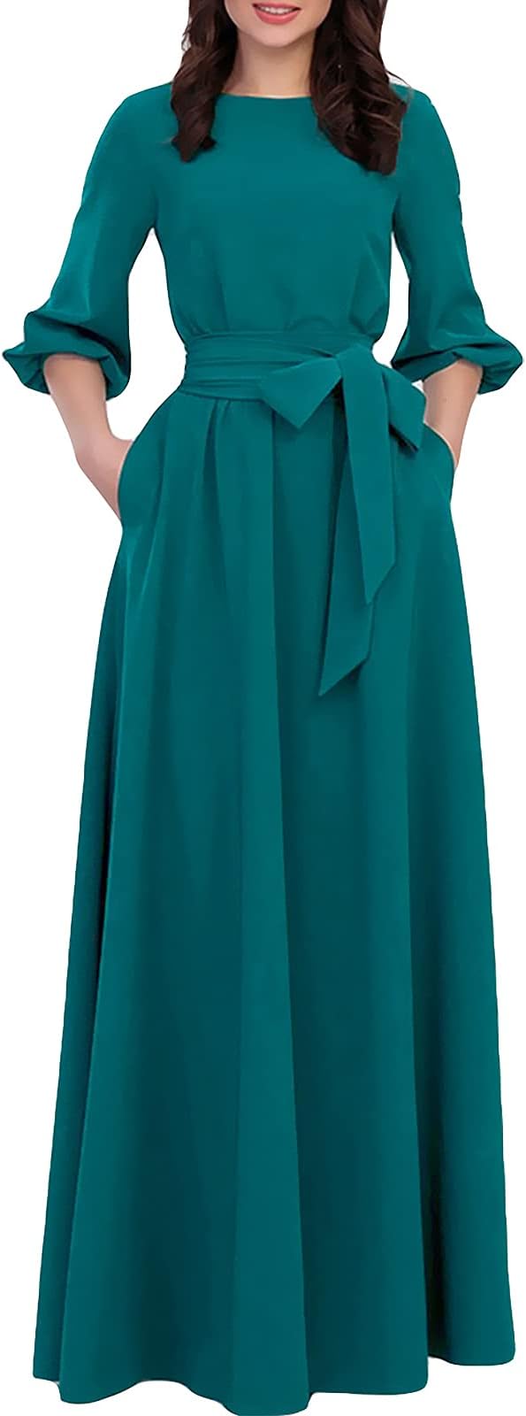 AOOKSMERY Women Elegance Audrey Hepburn Style Round Neck 3/4 Puff Sleeve Swing Maxi Dress Long Belt Dresses with Pockets (Dark Green, Small)