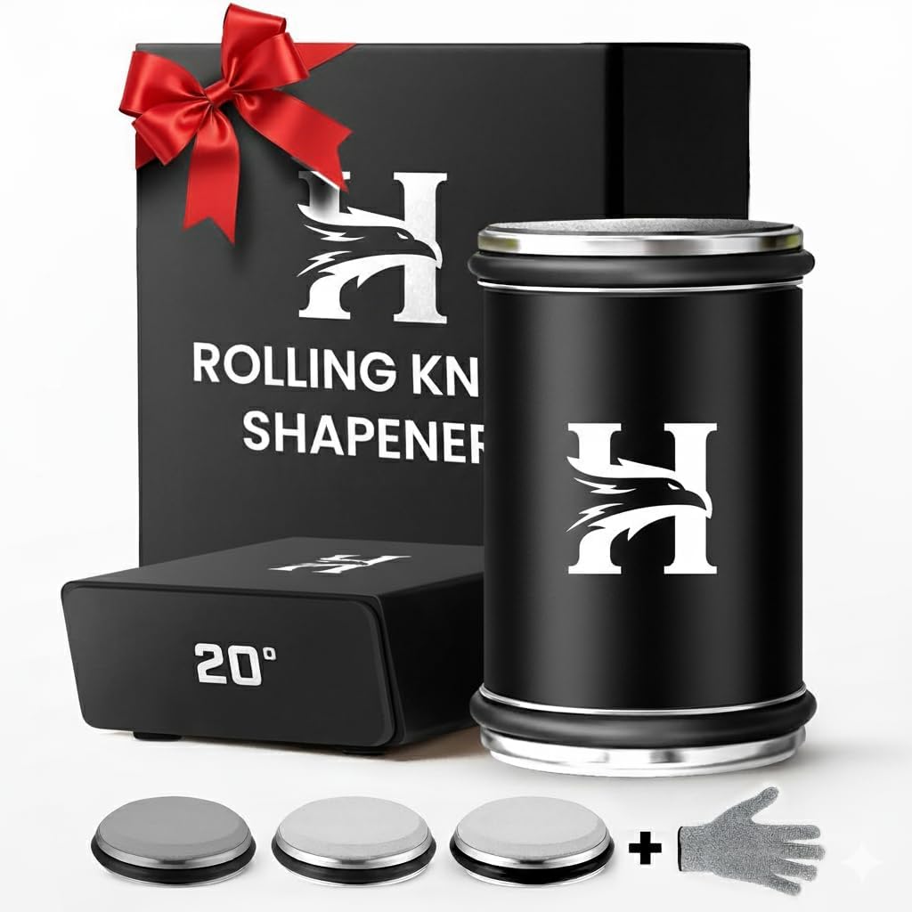 High Carbon Stainless Steel Rolling Knife Sharpener with 400, 1000 & 3000 Replacement Discs - Blunt Knife Sharpening Kit with 15 and 20 Degree Sharpening for Kitchen & Chef's Knives (BLACK) (Black)