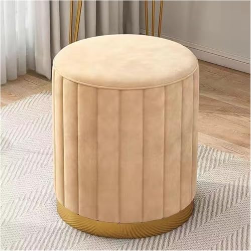 Image of Round Upholstered Velvet Ottoman Seating Stool with Gold Metal Base Multifunctional Makeup Vanity Chair Soft Compact Padded Foot Rest Stool for Living Room Bedroom Yellow