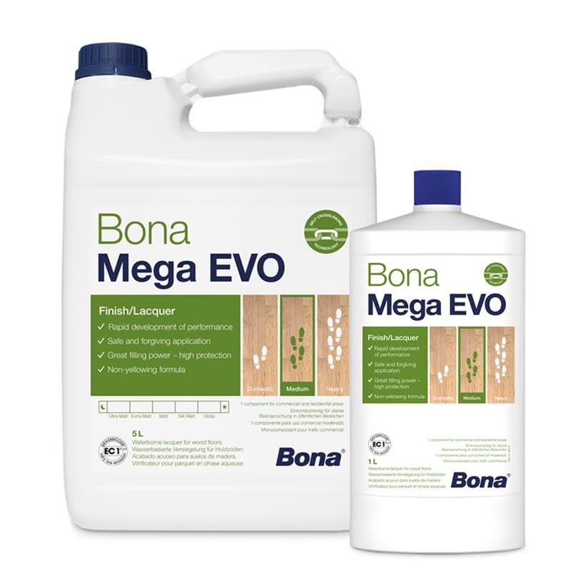 Bona Mega Evo Barniz de madera satinada, metal, plástico, cerámica, vidrio, resina, papel, cuero, 5 l