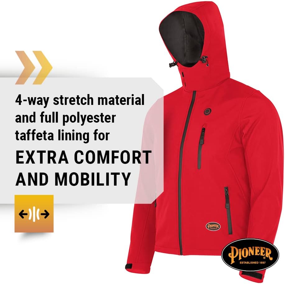 Pioneer Men's Heated Softshell Jacket - Water Resistant with Detachable Hood - Power Bank Not Included (Multiple Colors)